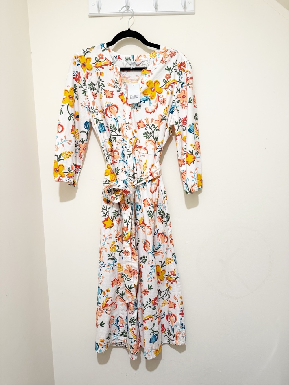 Floral Tie-Waist Midi Dress in White with Yellow & Blue Bloom Print
